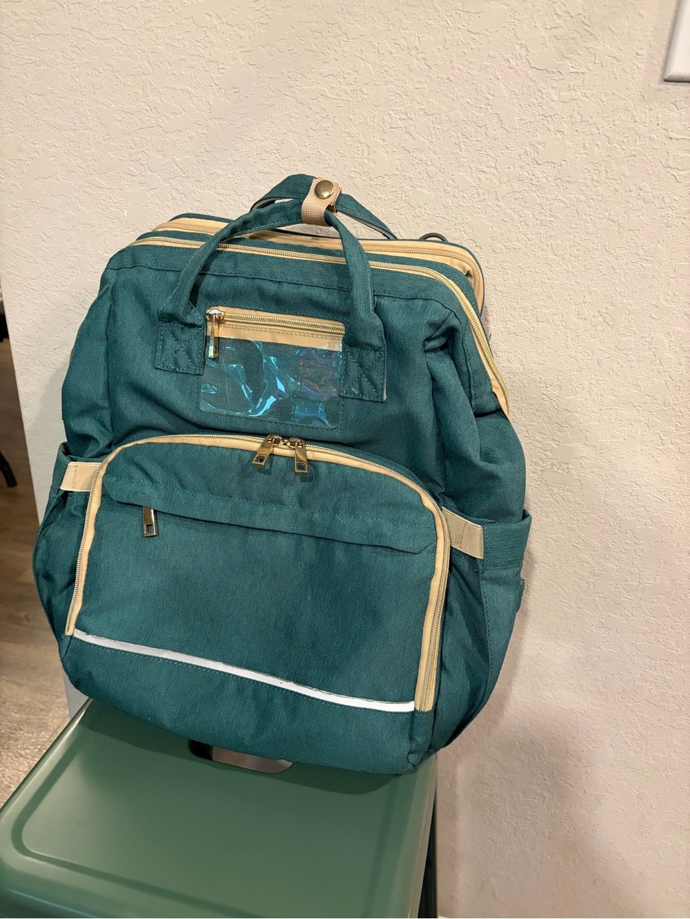 Teal diaper Backpack with Cream/tan Trim